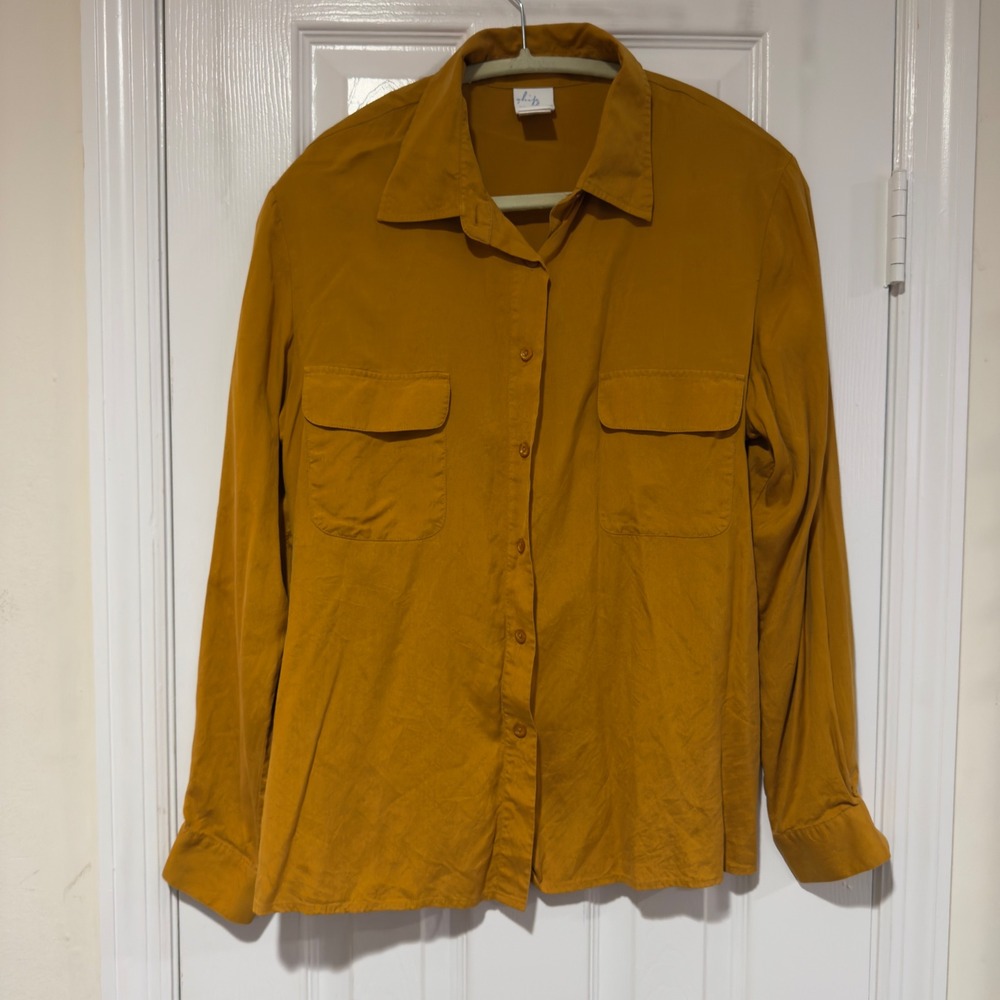 Ship 'n Shore 100% Silk Button Up Shirt Mustard‎ Yellow Pocket Blouse Size L